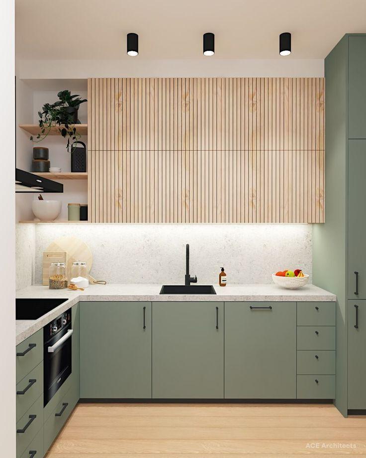 Contemporary kitchen with sage green cabinets