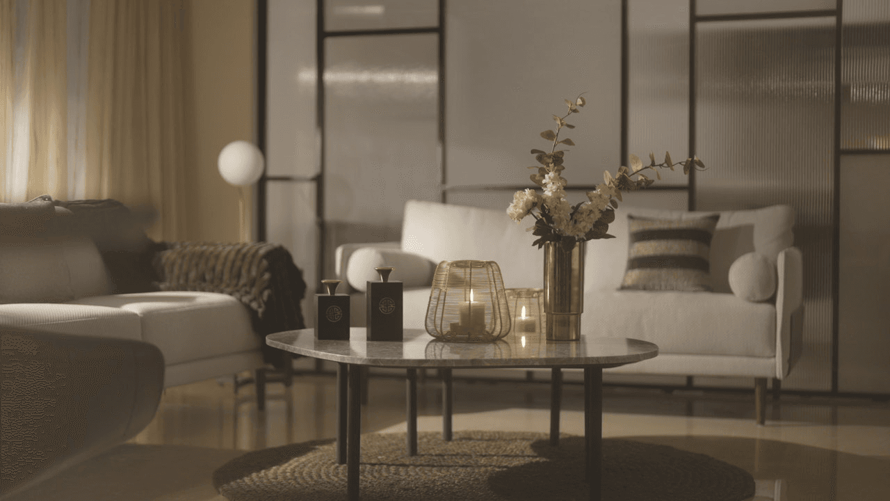 Minimalist luxury interior with green accent wall and tableware.